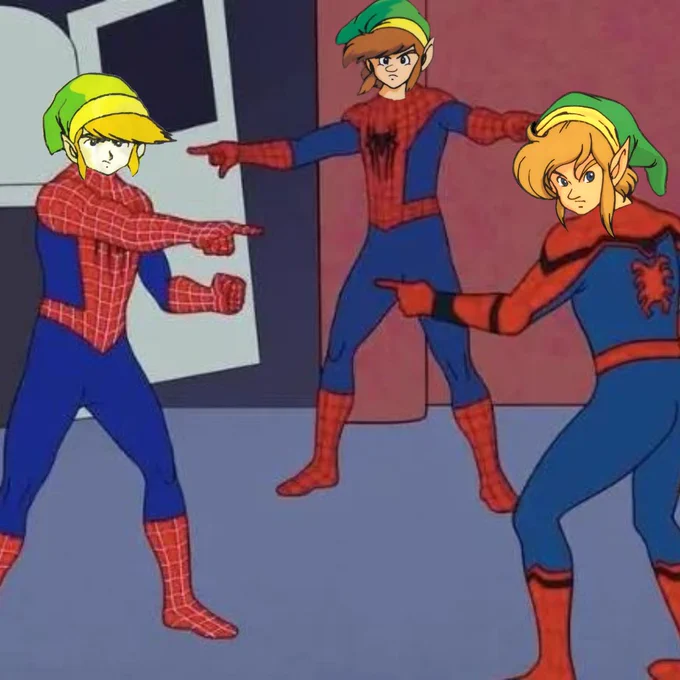 A variation of the classic "Spider-Man pointing at Spider-Man" meme, but with the Spider-Men's heads replaced by different versions of Link from The Legend of Zelda series. Each Link character, dressed in his signature green hat and outfit, is pointing at the others. 