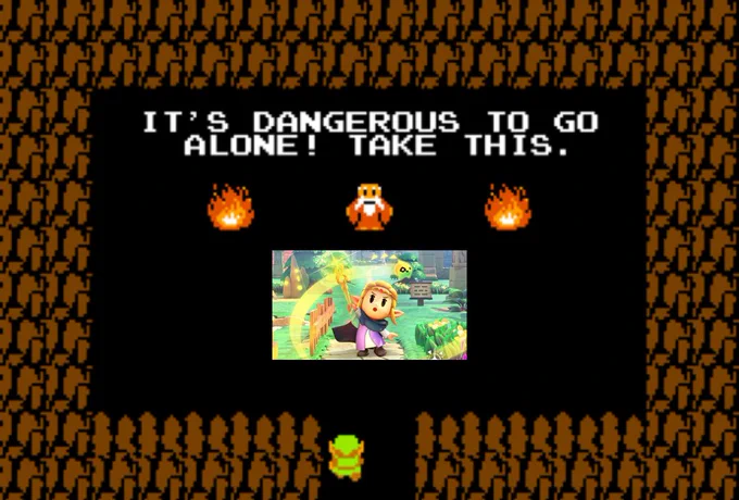 an image of a video game cave. Entering the game at the bottom is a character dressed in all green. At the top of the cave there is text stating “it’s dangerous to go alone! Take this.” Below is an old man wearing a red cloak in between two flames, and below the old man is an image of Zelda from Legend of Zelda: Echoes of Wisdom. She is in a green field and holding a staff in the air.  