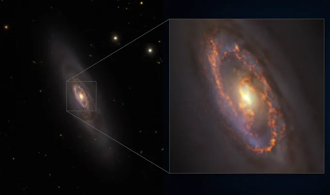 Kompositaufnahme einer Spiralgalaxie im sichtbaren Licht überlagert mit einer Darstellung, die die Sternentstehungsregionen in einem inneren Ring um den Zentralbereich hervorhebt. Dieser Bereich ist rechts als Bildausschnitt zusätzlich vergrößert dargestellt