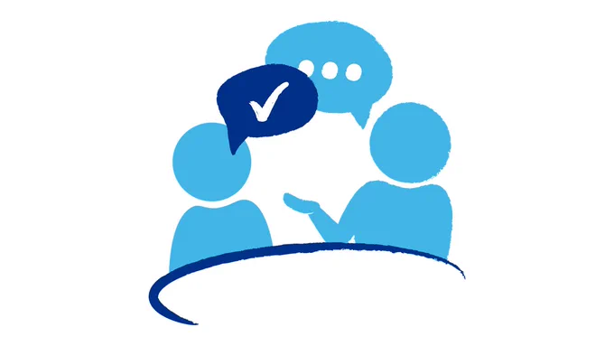 Two blue outlines of people. One has a speech bubble coming out with a tick in, the other has a speech bubble with three dots. They look like they are having a conversation.
