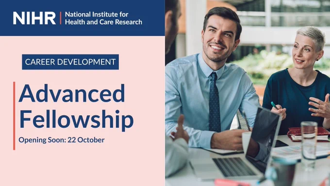 Photo of two researchers in a conversation with text promoting the Advanced Fellowship Round 13.