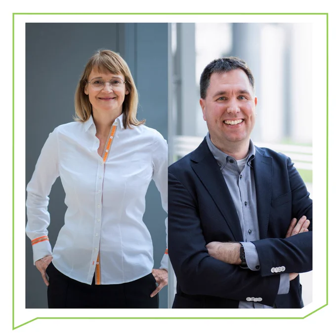 Hellgrüner Rahmen in der Form der NaWik Sprechblase. Zwei Bilder, das rechte mit Philipp Niemann, das linke mit Beatrice Lugger. Beide lachen in die Kamera und tragen eine weiße Bluse bzw. Hemd und Sakko.
