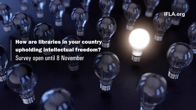 Image with a lightbulb pattern. Text: How are libraries in your country upholding intellectual freedom? Survey open until 8 November