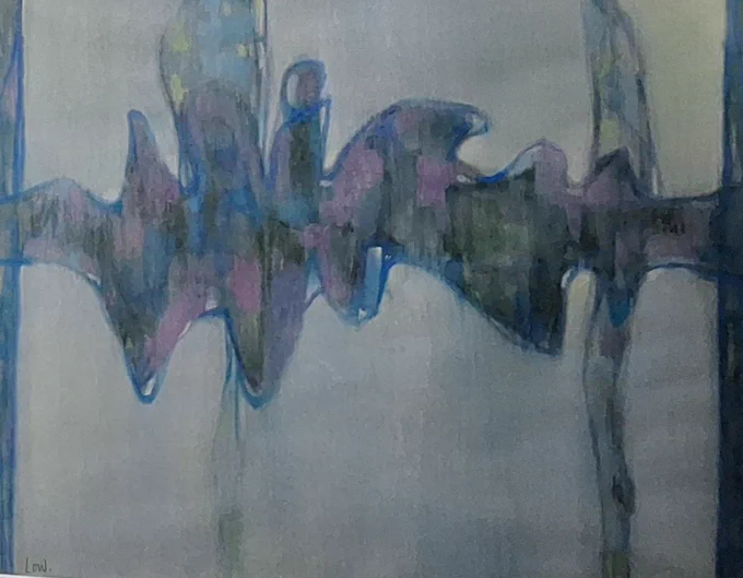 Abstract watercolour composition with a strong wavy horizontal line, two intersecting vertical wavy lines and a vertical edging line at the left and right side. The impression is of the movement of water. The composition is created in varied tones of blue and purple and also small areas of green and grey tones. It is titled Atmospheric Abstractions and probably dates to the mid 1960s.