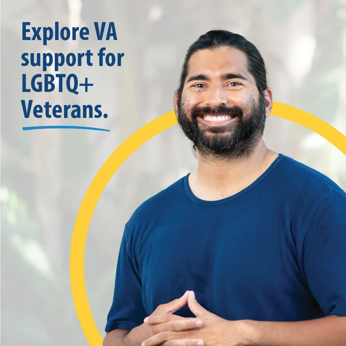 Veteran standing outside with text that reads “Explore VA support for LGBTQ  Veterans.”