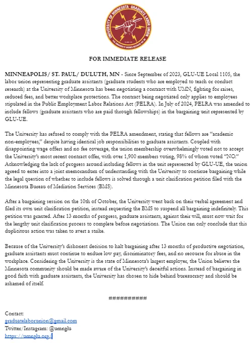 Press release regarding the halting of bargaining