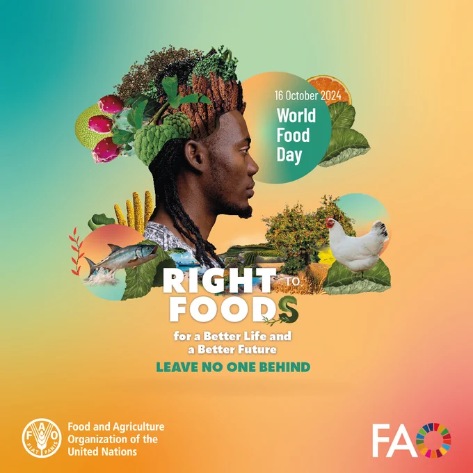 16 October 2024. World Food Day. Right to Foods for a better life and a better future. Leave No One Behind. Logos for the Food and Agriculture organization of the United Nations.