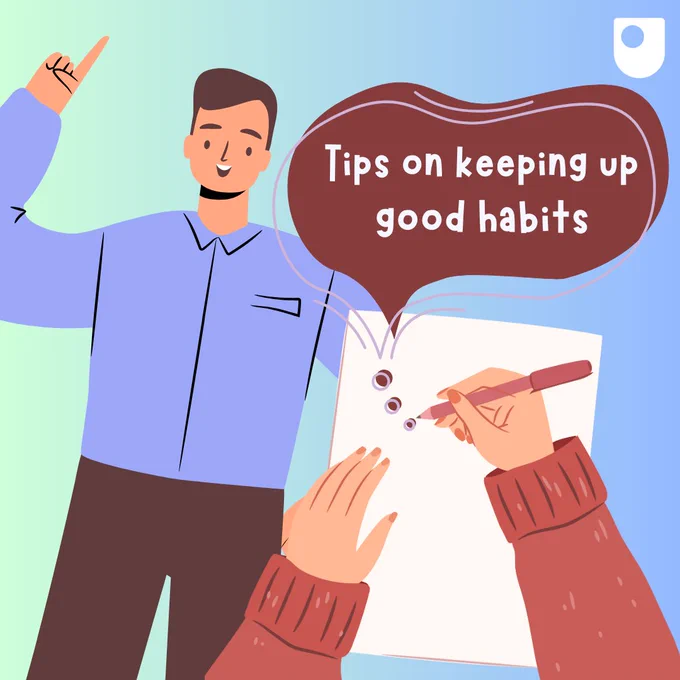 Image of a colourful graphic featuring a person writing in a journal, with the text 'Tips on keeping good habits' inside a speech bubble.
