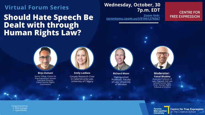 Poster for Virtual Forum Series event, "Should Hate Speech be Dealt with Through Human Rights Law?"