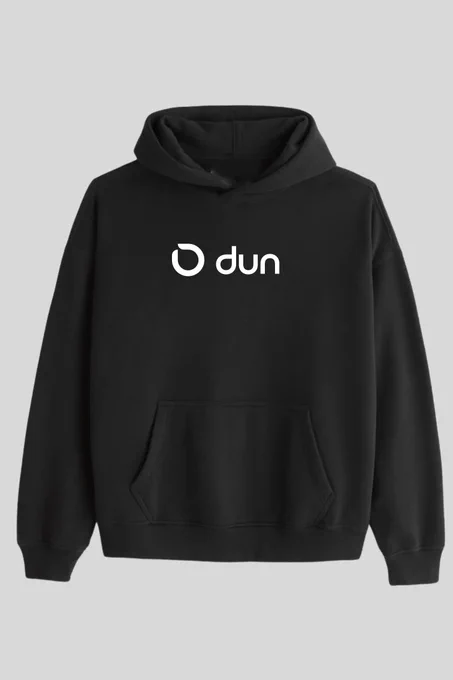  A black hooded sweatshirt with the Dun logo printed on the front.