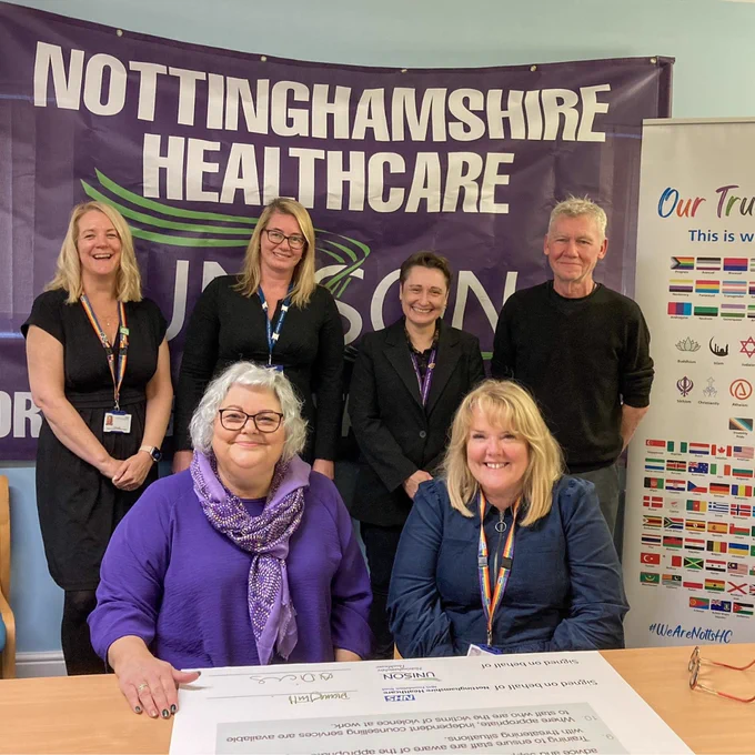 Image of Staff from Nottinghamshire Healthcare NHS Foundation Trust and UNISON signing UNISON's Violence at Work Charter.
