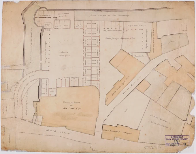 A photograph of a plan of Mint Yard area of York which is now partly occupied by the York Explore library building, Library Garden, and Library Square. The plan is from 1805-1808.