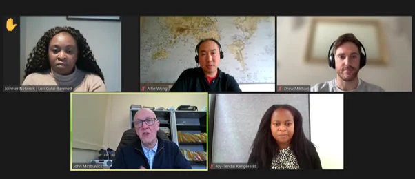 Screenshot from Northern Ireland Civil Service Black History Month webinar on Navigating Borders: The Changing Landscape of Immigration Law.

Top row (left to right) are Lori Gatsi-Barnett (Founder and Director of JoinHer Network), Alfie Wong (Northern Ireland Civil Service Race and Ethnicity Champion) and Dr Drew Mikhael (facilitator, JoinHer Network).

Bottom row (left to right) are John McStravick (speaker and Barrister) and Joy-Tendai Kangere (speaker and Barrister).