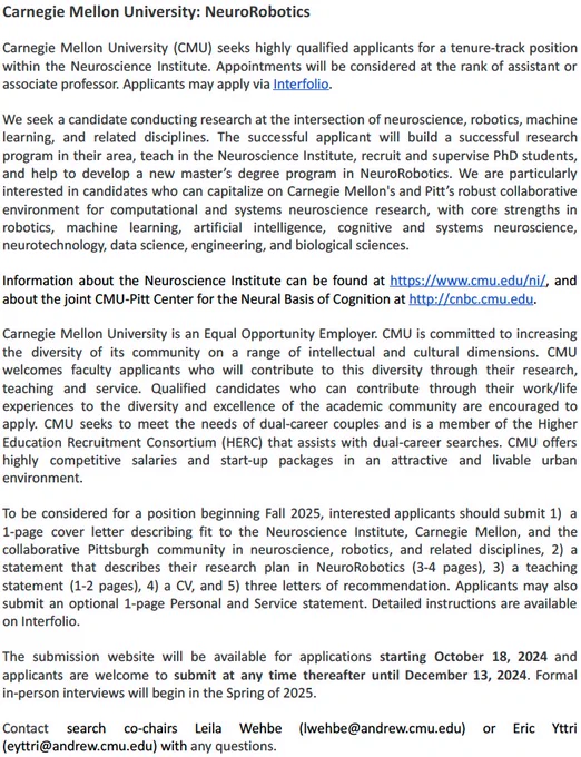 Job ad for tenure-track position in CMU's Neuroscience Institute in the area of NeuroRobotics. Asst or Assoc level. Apply at https://apply.interfolio.com/157182
