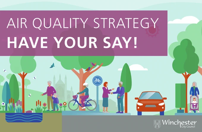 A colourful image of cartoon people surrounded by trees and a car - it includes someone cycling a lady with a child in a pushchair and birds flying in the sky. It says Air Quality Strategy Have your Say. 
