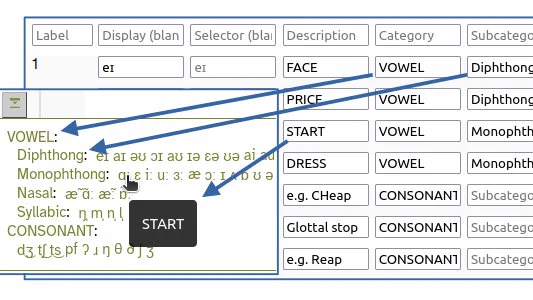 Label customizer showing definition of Description, Category and Subcategory for phoneme labels