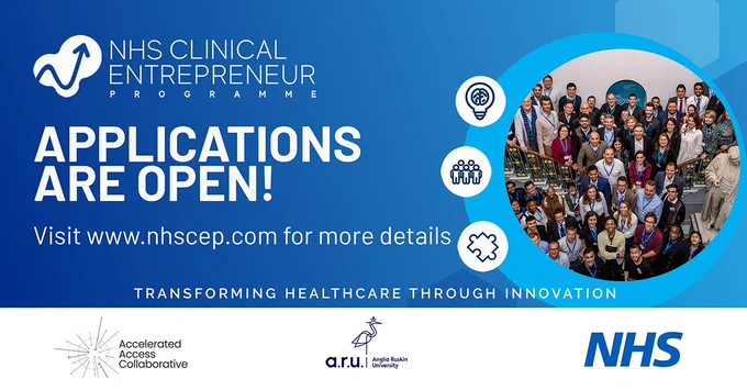 A photo of a group of people who have taken part in the programme. Text to the left reads 'NHS Clinical Entrepreneur Programme - Applications are open. Visit www.nhscep.com for more details. Transforming healthcare through innovation.'