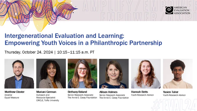 Intergenerational Evaluation and Learning: Empowering Youth Voices in a Philanthropic Partnership. Thursday, October 24, 2024. 10:15–11:15 a.m. Pacific Time. Matthew Closter, Director, Equal Measure; Mariana German, Outreach and Resource Specialist, CIRCLE, Tufts University; Bethany Boland, Senior Research Associate, the Annie E. Casey Foundation; Allison Holmes, Senior Research Associate, the Annie E. Casey Foundation; Hannah Botts, Youth Research Advisor; Yasien Taher, Youth Research Advisor