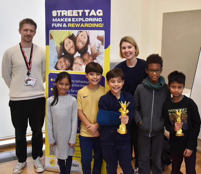 Photo of pupils and head of Hawley Primary School, who won the Street Tag activity challenge in Camden, with Mike Mortlock of the Council's Health and Wellbeing Team.