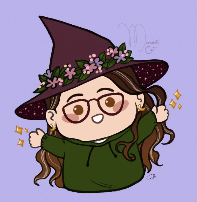 Cute drawing of a white woman with glasses, brown eyes, long brown hair, a green hoodie and a burgundy witch hat with flowers on it.