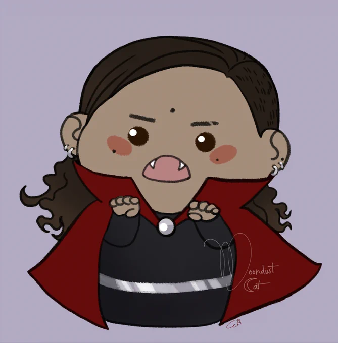 Cute drawing of a woman with pale brown skin, dark brown eyes, long dark brown hair, a red vampire cape and hands outstretched as if to get something, pointy vampire fangs showing.