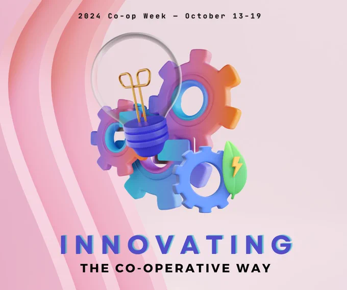 Interlocking gadgets. Descriptive text: 2024 Co-Week October 13-19. Innovating the Co-operative Way.