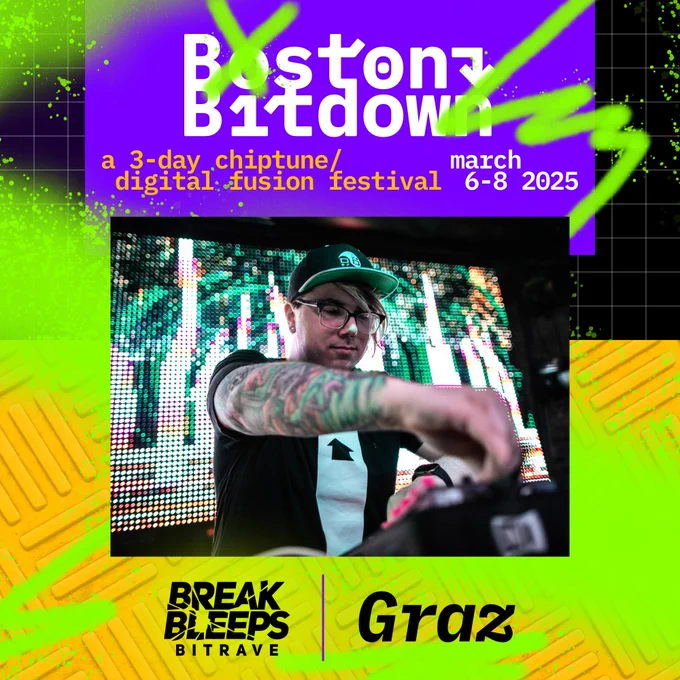 Graz performing in front of an LED wall of visuals superimposed over a variation on the Boston Bitdown Logo and theme with the words "a three day chiptune / digital fusion festival March 6th - 8th 2025"