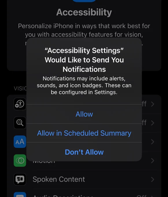 A screenshot of a pop up alert prompting the user to enable notifications for "Accessibility Settings"