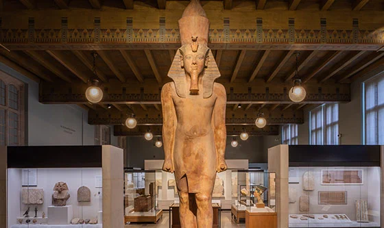 A colossal statue of Tutankhamun standing between display cases in the Egyptian gallery of the Institute for the Study of Ancient Cultures Museum at the University of Chicago