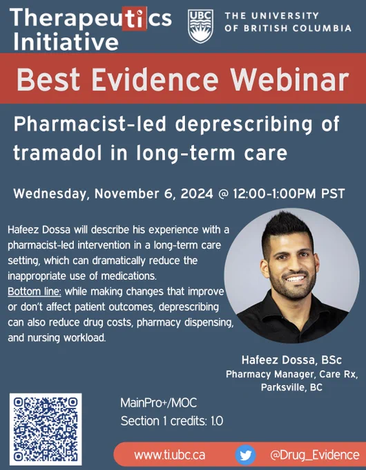 Nov 6th webinar at noon highlight the processes and learnings from a pharmacist-led tramadol deprescribing project in long term care facilities