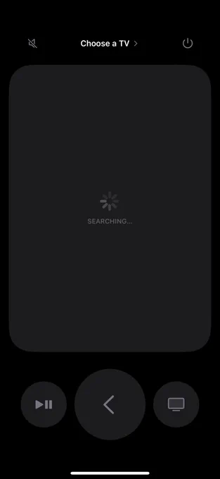 Screenshot of Remote app on iOS that is forever stuck in searching and not finding any Apple TV, though all other system components finds them just fine.