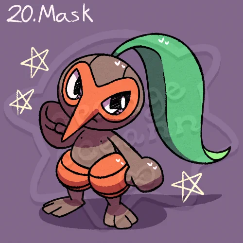 Day 20 of Inkaytober, the prompt is Mask. Drawing is of a shiny male Nuzleaf.