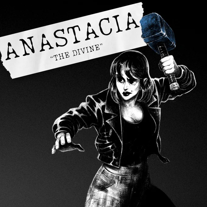 A black, white, and blue image of a woman -- Anastacia, "The Divine." She has dark hair, wears a black leather jacket and jeans, and holds a Viking-style hammer in an aggressive stance overhead.