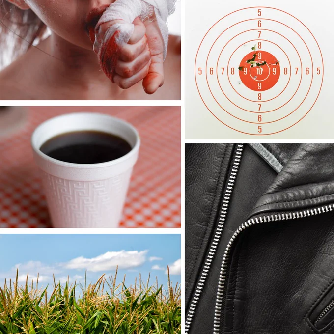 Images representative of Anastacia: bloody knuckles, a paper shooting target, black coffee in a styrofoam cup, a closeup of a black leather jacket, and a cornfield.