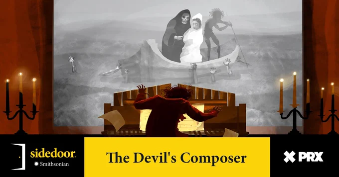 A haunting image depicting a man playing a piano. In the background, a ghostly figure resembling Death sits in a boat with two other spectral figures, seemingly approaching the musician. The scene is filled with a sense of mystery and foreboding.