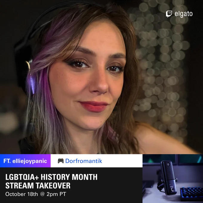 an elgato branded graphic with a photo of ellie and a Wave:3 mic showing that she is taking over the elgato twitch channel on october 18th from 2pm for LGBTQIA  history month, playing dorfromantik