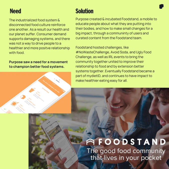 A breakdown graphic of the Foodstand app, displaying two sections titled "Need" and "Solution." On the left, a text box describes the negative impacts of industrialized food systems. On the right, the solution section describes how the Foodstand app mobilizes public action toward sustainable eating habits. The graphic includes phrases like "#NoWaste Challenge" and "Purpose created & incubated by Foodstand." The background shows images of two individuals engaging with mobile phones, likely using the app. The Foodstand logo and the caption "The good food community that lives in your pocket" are prominently displayed at the bottom.