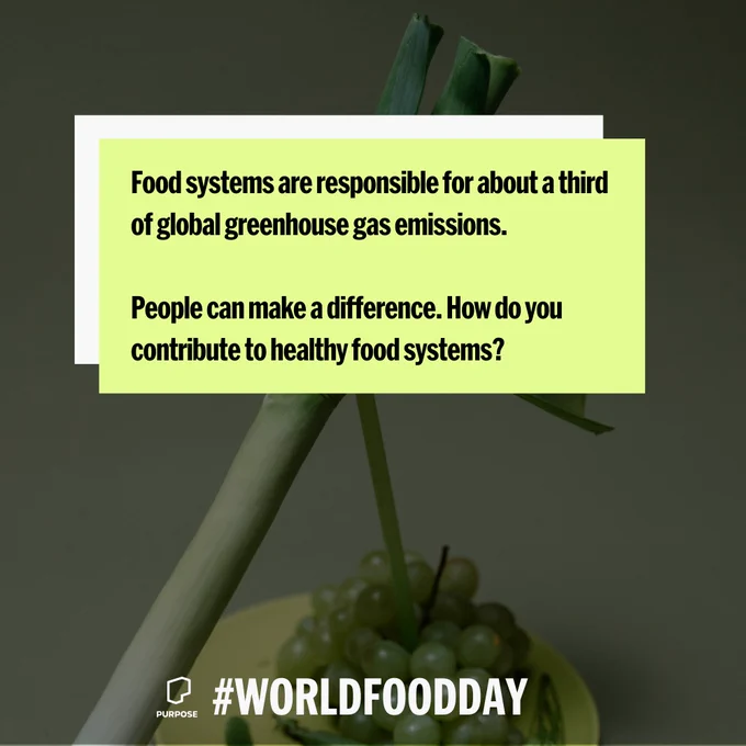 Graphic for World Food Day emphasizing the impact of global food systems on the environment, inviting individuals to reflect on how they can contribute to healthier food systems.