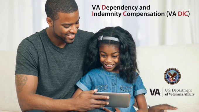 Father and daughter look at a tablet smiling along side text "VA Dependency and Indemnity Compensation (VA DIC)