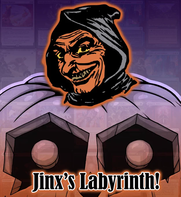 An orange, cartoon goblin's head with an orange glow around it, grinning atop a line drawing of the OneShotOberfest jack-o-lantern (the eyes of the pumpkin are the One Shot Logo). At the bottom, it reads "Jinx's Labyrinth" on black text, with an orange glow.

The background is a gradient of purple to orange, top to bottom. Behind the gradient, images of Magic cards are faintly visible.