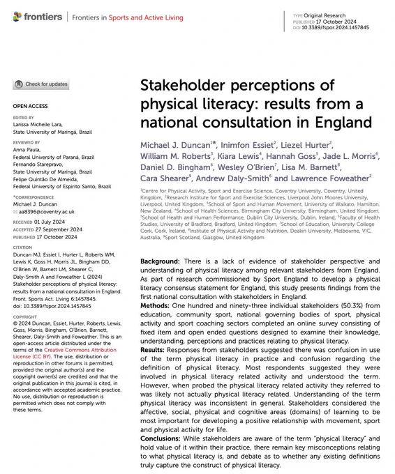 A screenshot of the front page of the published journal article, entitled "Stakeholder perceptions of physical literacy: results from a national consultation in England"