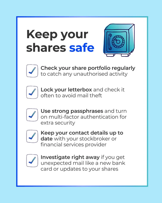 Keep your shares safe:
- Check your share portfolio regularly to catch any unauthorised activity.
- Use strong passphrases and turn on multi-factor authentication for extra security
- Lock your letterbox and check it often to avoid mail theft
- Keep your contact details up to date with your stockbroker or financial services provider
- Investigate right away if you get unexpected mail like a new bank card or updates to your shares