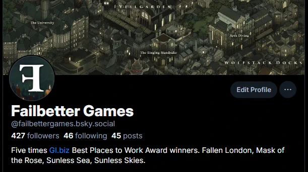 A screengrab of the Failbetter bluesky page.