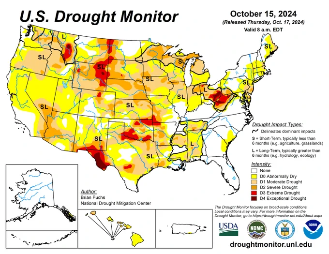 US Drought Monitor showing conditions for 10-17-24.