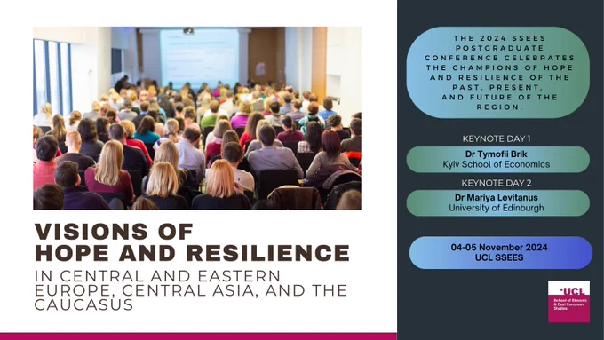 Event poster for 'Visions of Hope and Resilience in Central and Eastern Europe, Central Asia, and the Caucasus' with a photo of a conference audience.