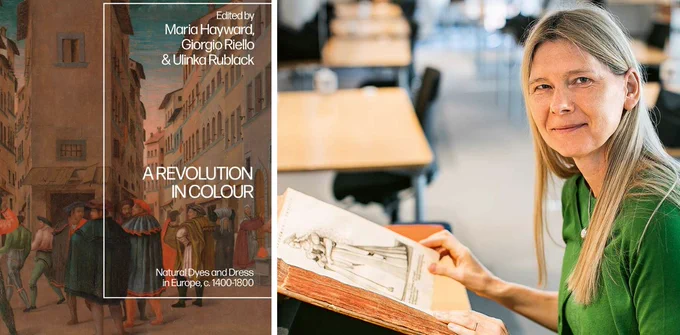 Professor Ulinka Rublack examining an historic illustration of a woman in dress, and a copy of her new book, 'A Revolution in Colour: Natural Dyes and Dress in Europe, c1400-1800', co-edited with Professor Giorgio Riello and Professor Maria Hayward.