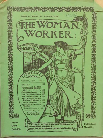 Cover shows a drawing of a woman holding a shield and a spear with a banner saying "The Woman Worker"