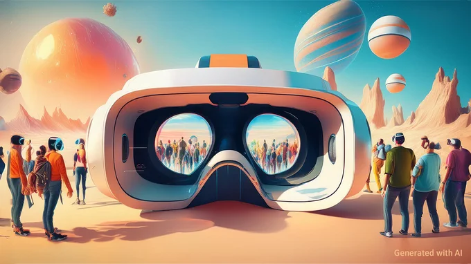 Eine übergroße VR-Brille mit Personen, die seitlich stehen sowie das Universum im Hintergrund. Prompt: Firefly / A group of diverse people with different ages standing around a gigantic vr goggle. / 26993