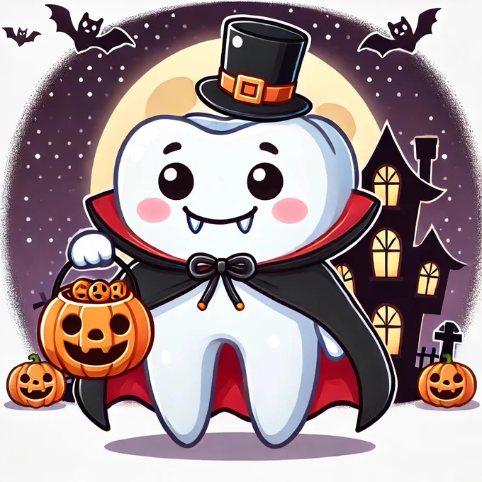 A cartoon tooth dressed up as a vampire. 