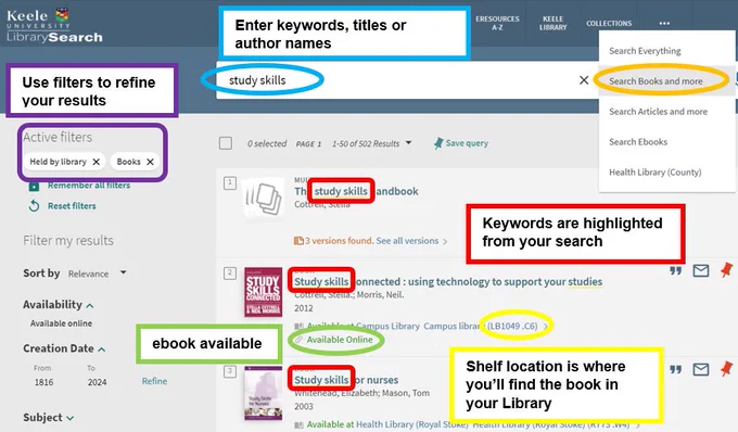 Screenshot showing how to find books in LibrarySearch.